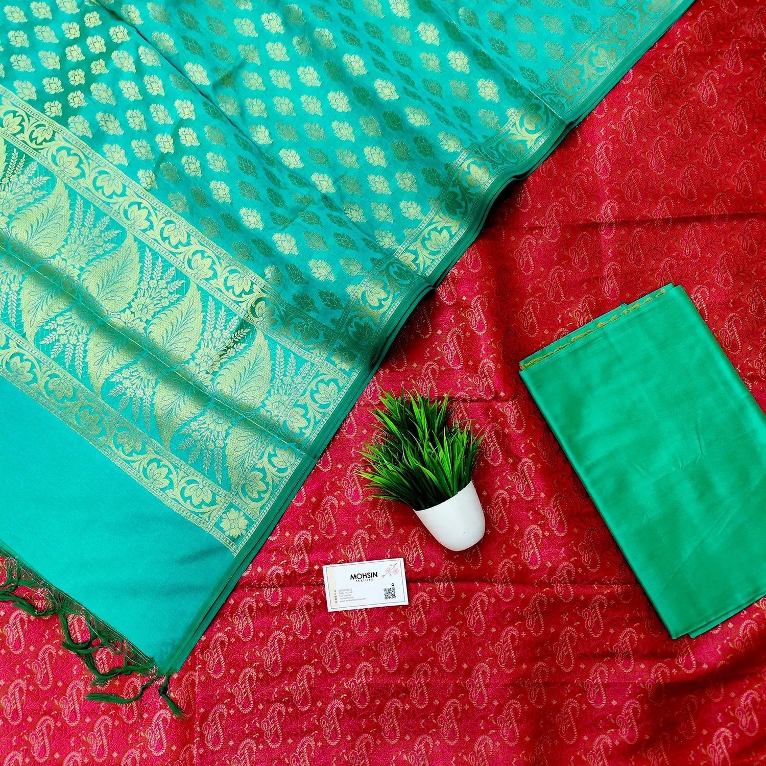 Pink and Sea Green Katan Silk Banarasi Suit