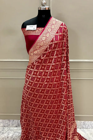 Pinkish Red Bandhej Georgette Silk Banarasi Saree