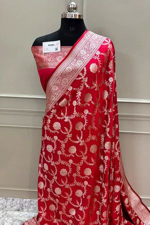 Pinkish Red Laabela Jaal Katan Silk Banarasi Saree