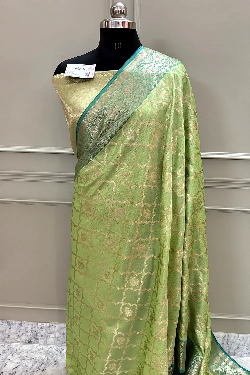 Pista Golden Zari Cotton Silk Banarasi Saree