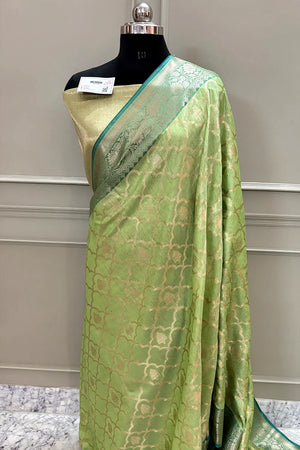 Pista Golden Zari Cotton Silk Banarasi Saree