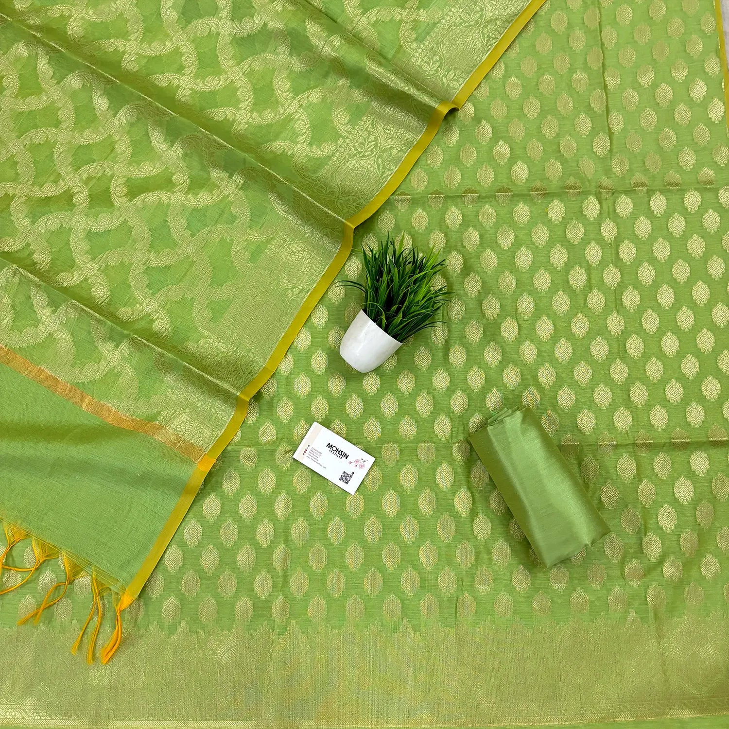 Pista Golden Zari Resham Silk Banarasi Suit