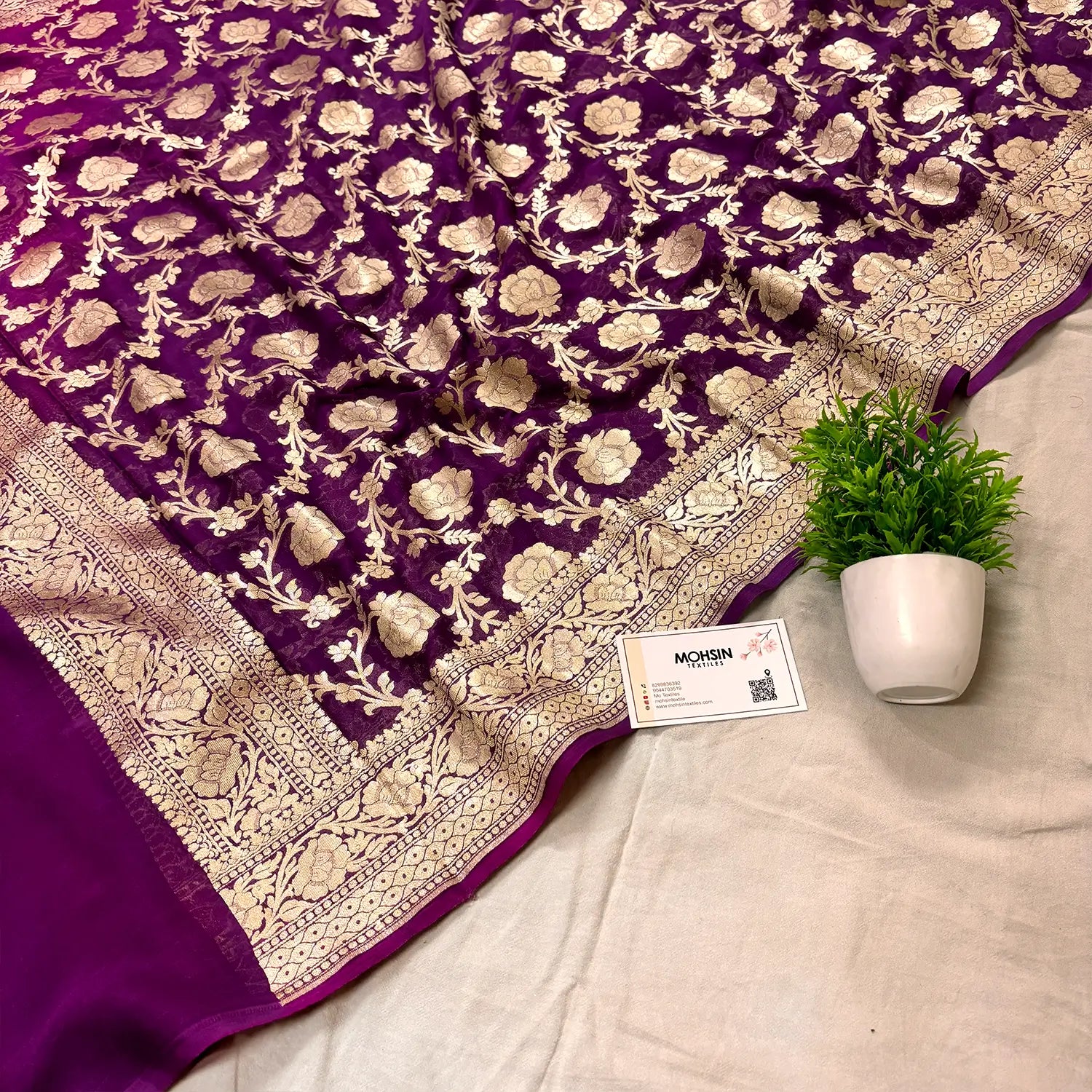 Purple Golden Zari Georgette Silk Banarasi Dupatta