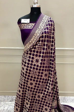Purple Golden Zari Georgette Silk Banarasi Saree