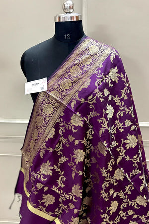Purple Golden Zari Satin Silk Banarasi Dupatta