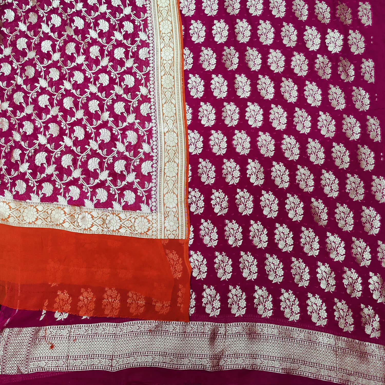 Purple Orange Multi Georgette Silk Banarasi Suit