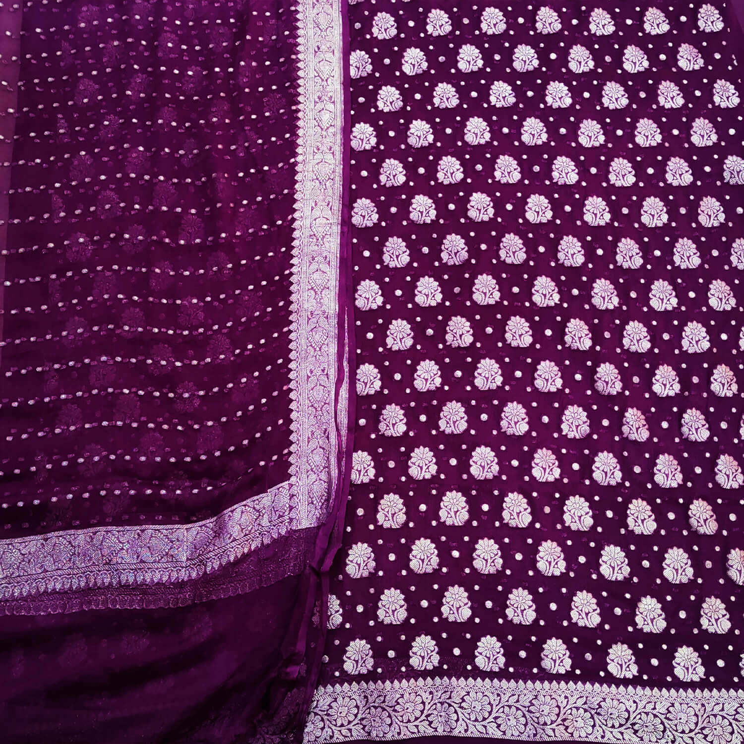 Purple Silver Zari Georgette Silk Banarasi Suit