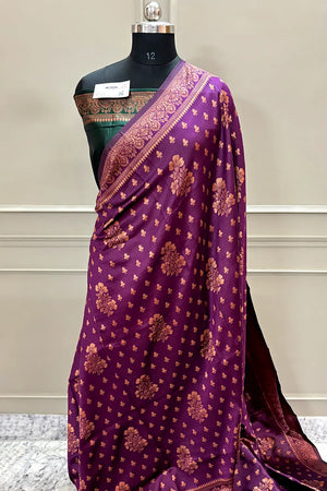 Purple and Bottle Green Golden Zari Banarasi Silk Saree
