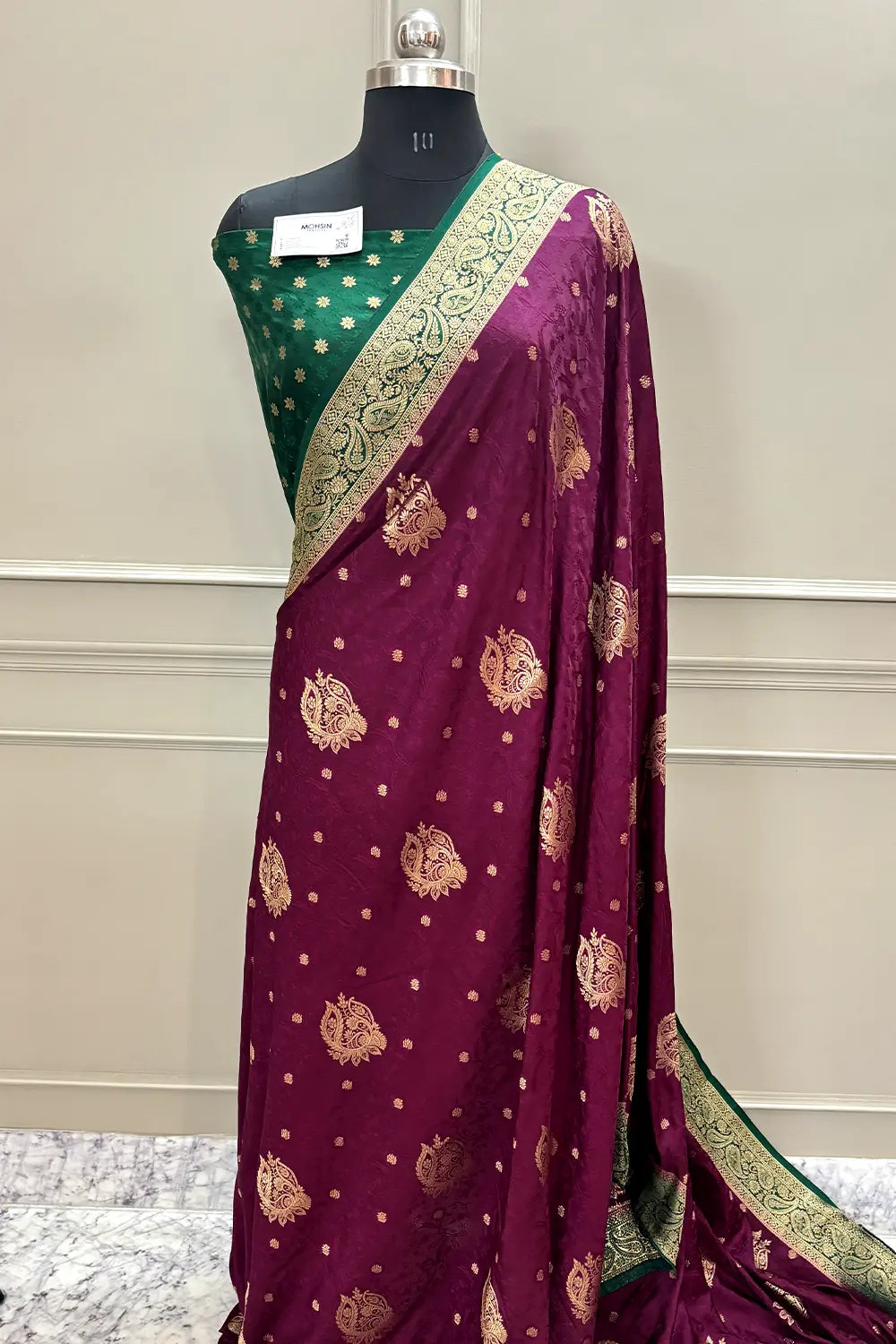 Purple and Bottle Green Golden Zari Katan Silk Banarasi Saree