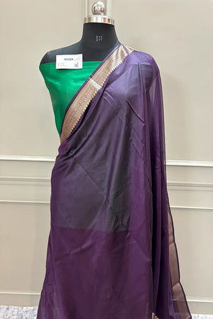 Purple and Green Golden Zari Dupion Silk Banarasi Saree