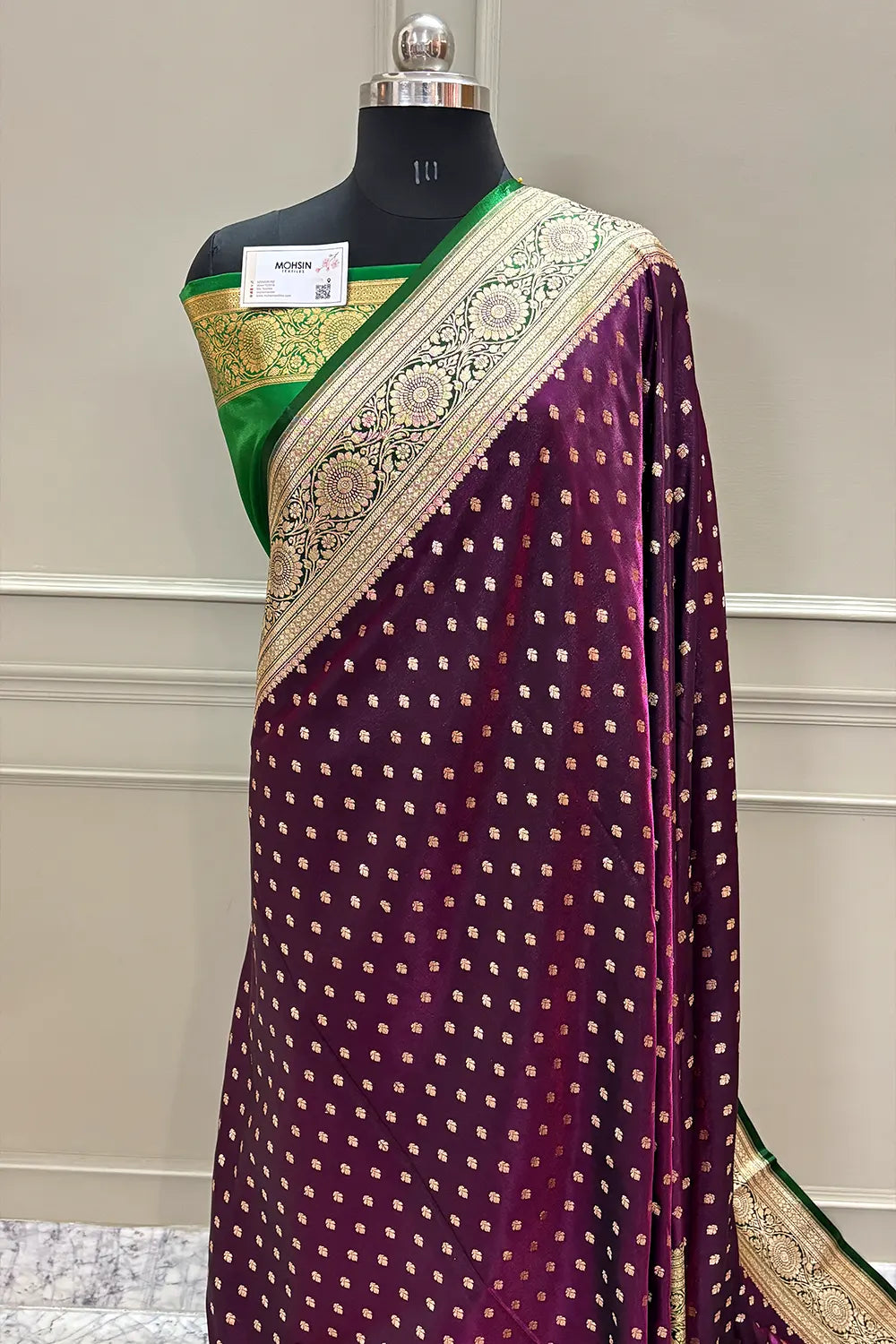 Purple and Green Makkhi Buti Satin Silk Banarasi Saree