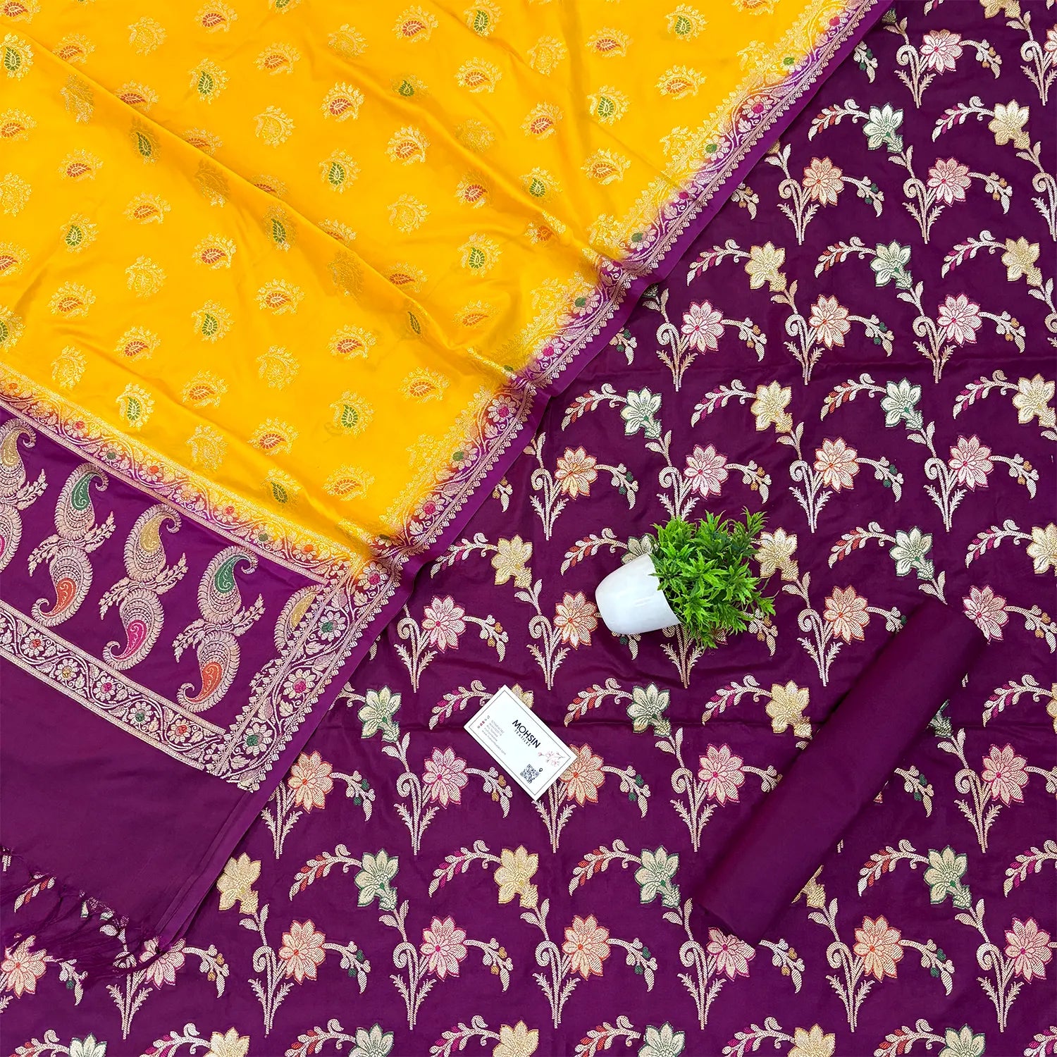 Purple and Yellow Golden Zari Katan Silk Banarasi Saree