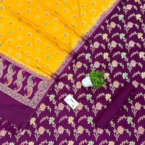 Purple and Yellow Golden Zari Katan Silk Banarasi Saree