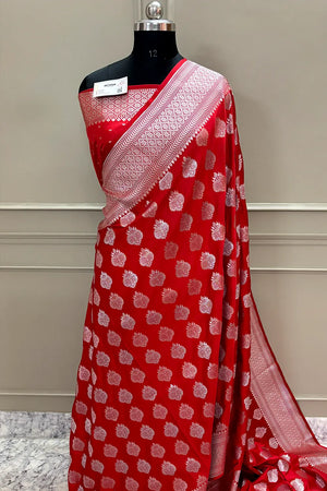 Raveena Tandon Red Katan Silk Banarasi Saree