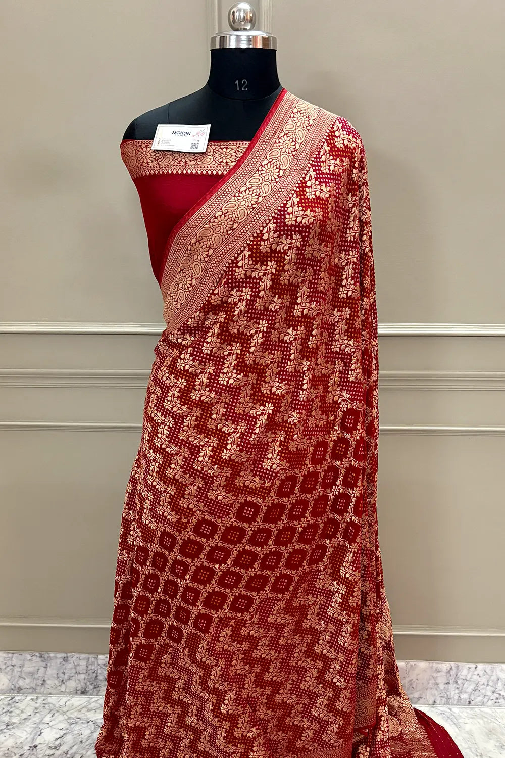 Red Bandhej Georgette Silk Banarasi Saree