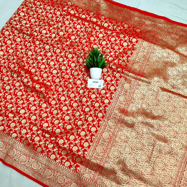 Red Golden Zari Katan Silk Banarasi Saree