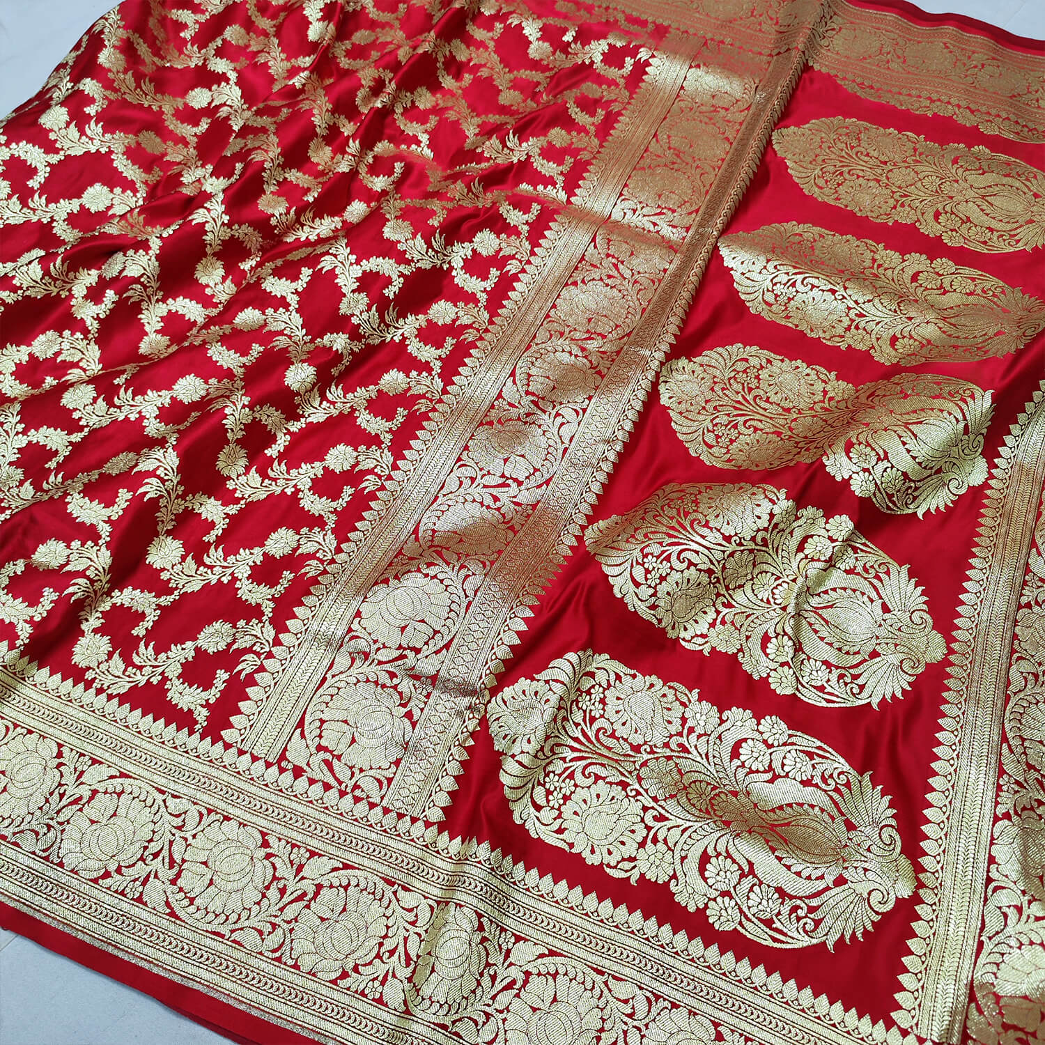 Red Golden Zari Katan Silk Banarasi Saree Mohsin Textiles 