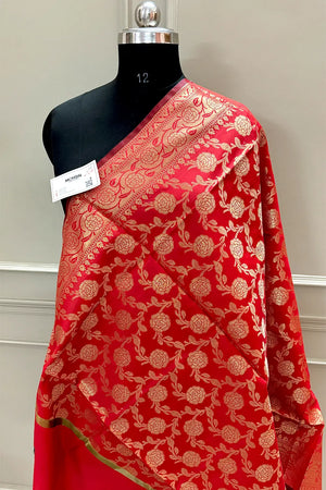 Red Golden Zari Satin Silk Banarasi Dupatta