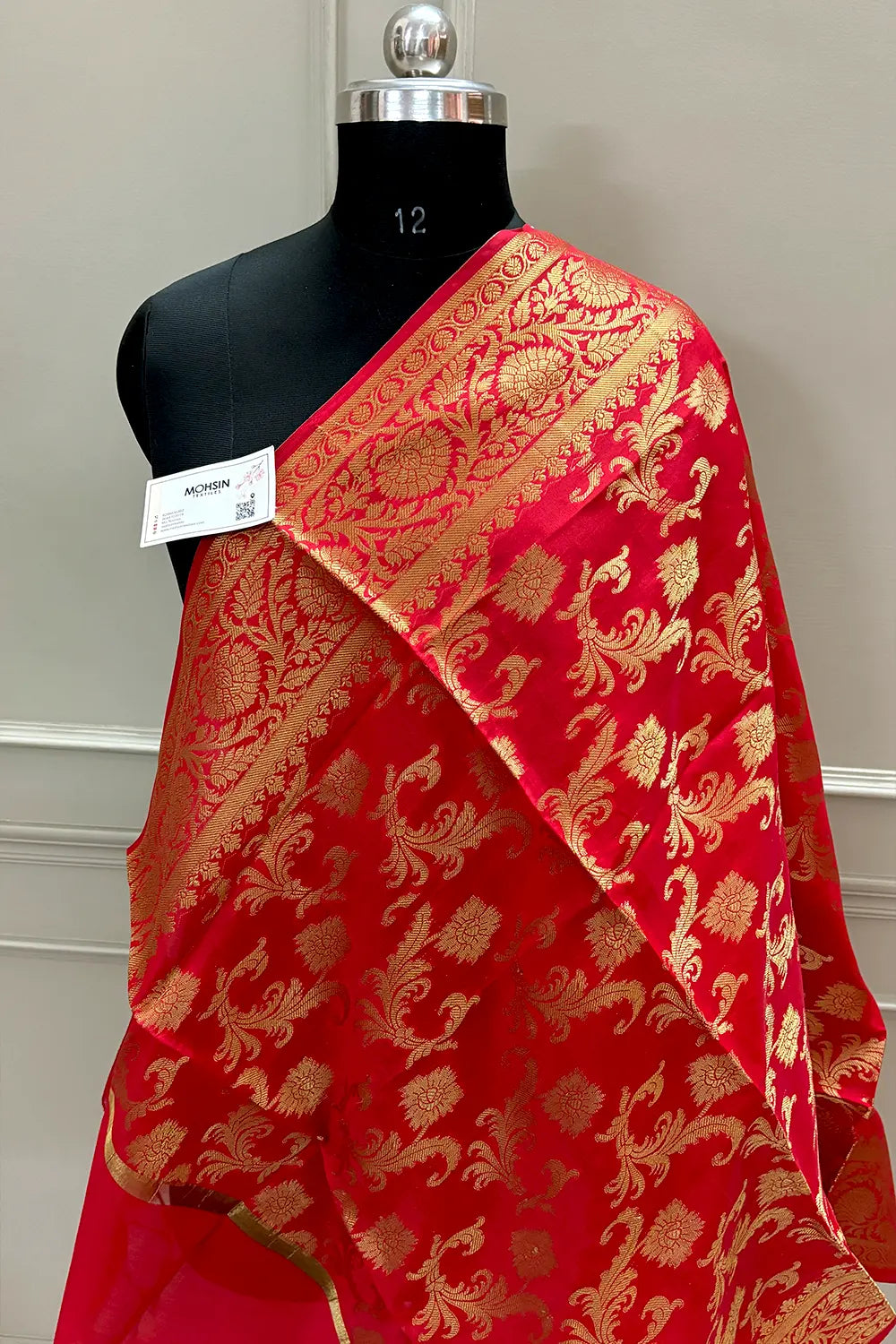 Red Golden Zari Satin Silk Banarasi Dupatta
