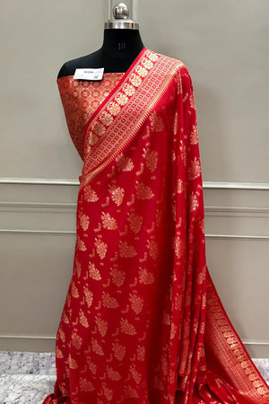 Red Resham Zari Silky Banarasi Saree