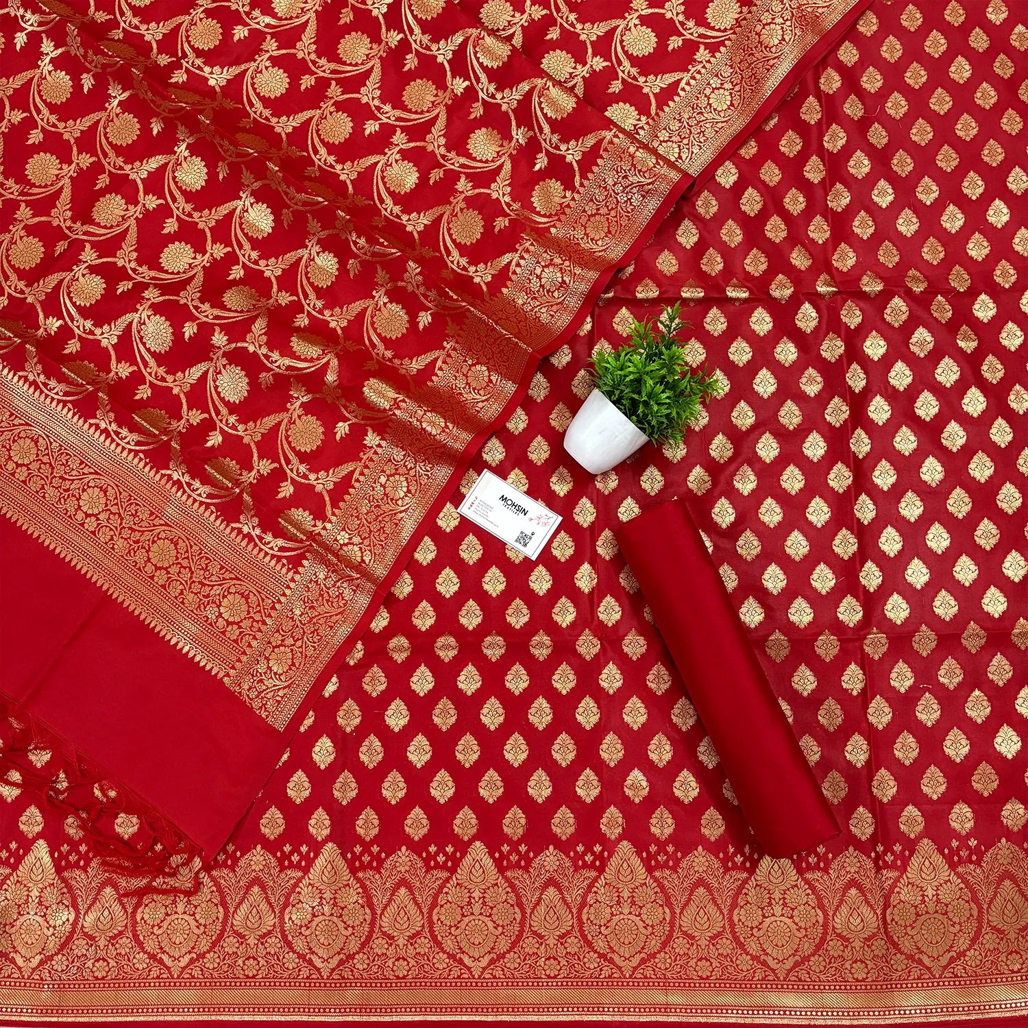 Red Singhasan Buti Satin Silk Banarasi Suit