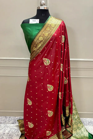Red and Green Golden Zari Satin Silk Banarasi Saree