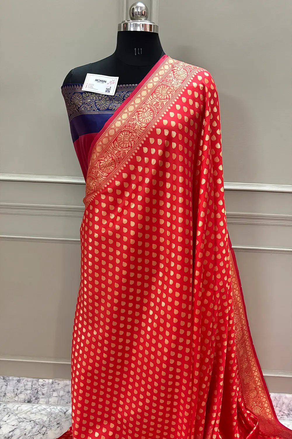 Red and Navy Blue Resham Zari Silky Banarasi Saree