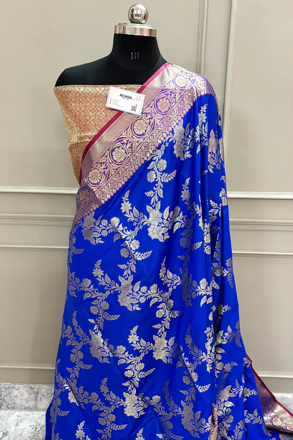 Royal Blue and Maroon Bharama Jaal Satin Silk Banarasi Saree