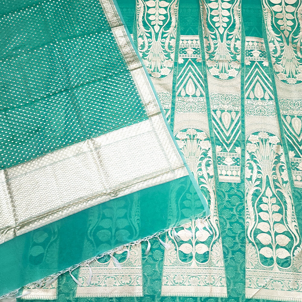 Sea Green 24 Kalli Organza Silk Banarasi Lahenga