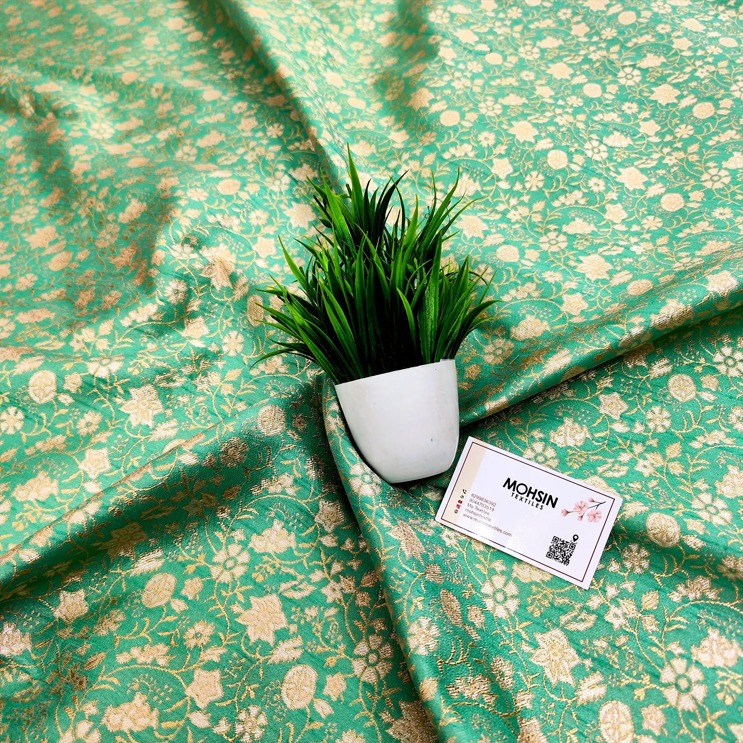 Sea Green Brocade Satin Silk Banarasi Fabric