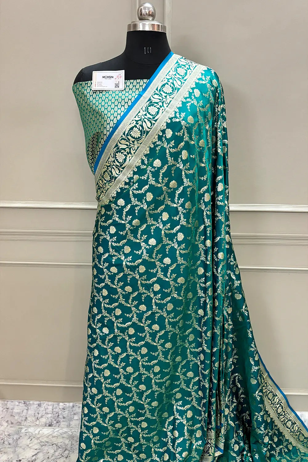 Sea Green Chandramukhi Jaal Katan Silk Banarasi Saree