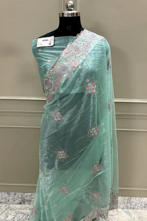 Sea Green Embroidery Siroski Brasso Net Saree