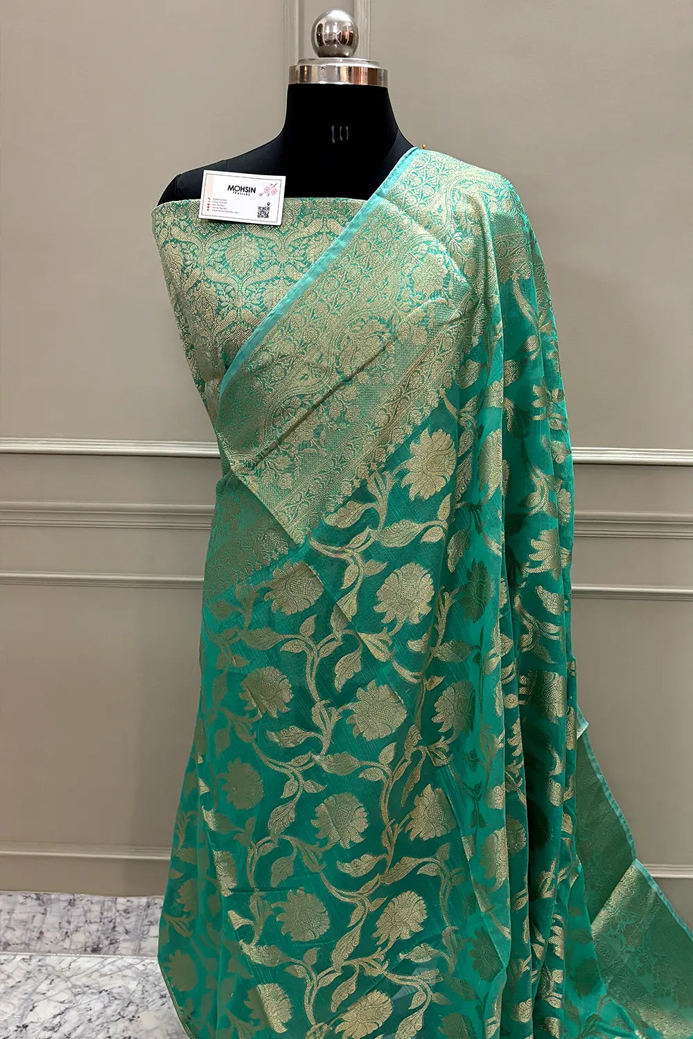 Sea Green Golden Zari Chanderi Silk Banarasi Saree