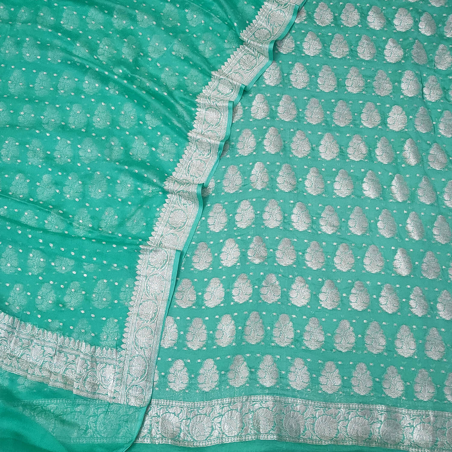 Sea Green Handloom Georgette Silk Banarasi Suit