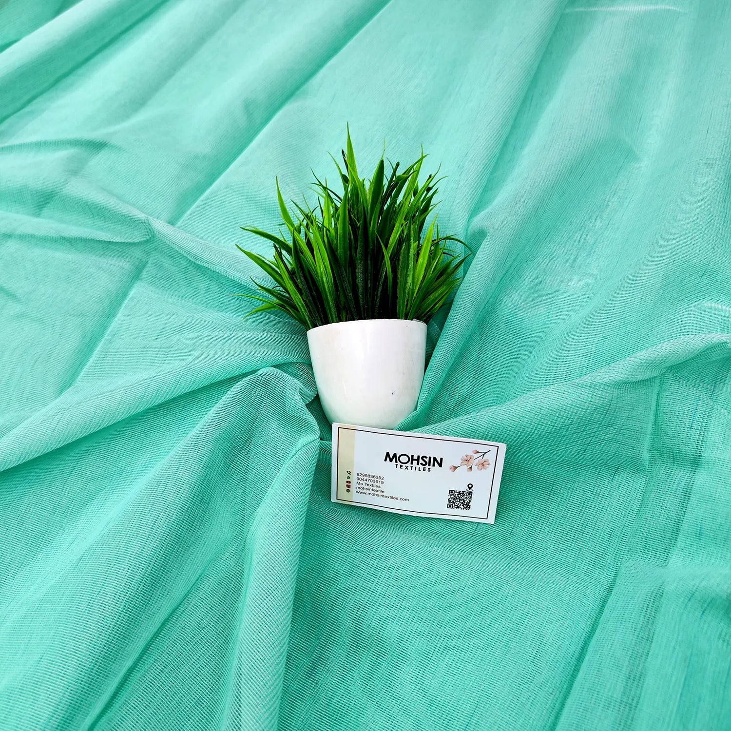 Sea Green Plain Net Chanderi Silk Banarasi Fabric