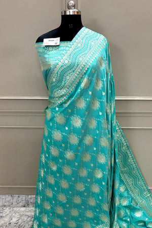 Sea Green Spider Jaal Katan Silk Banarasi Saree