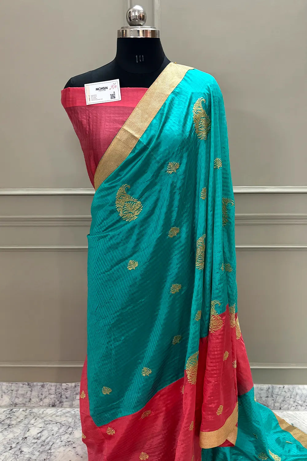 Sea Green and Peach Embroidery Silky Banarasi Saree