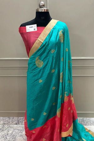 Sea Green and Peach Embroidery Silky Banarasi Saree