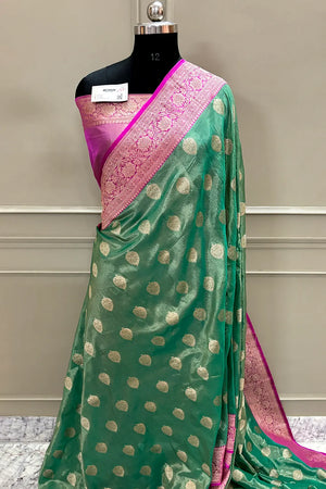 Sea Green and Pink Pure Tissue Silk Banarasi Saree