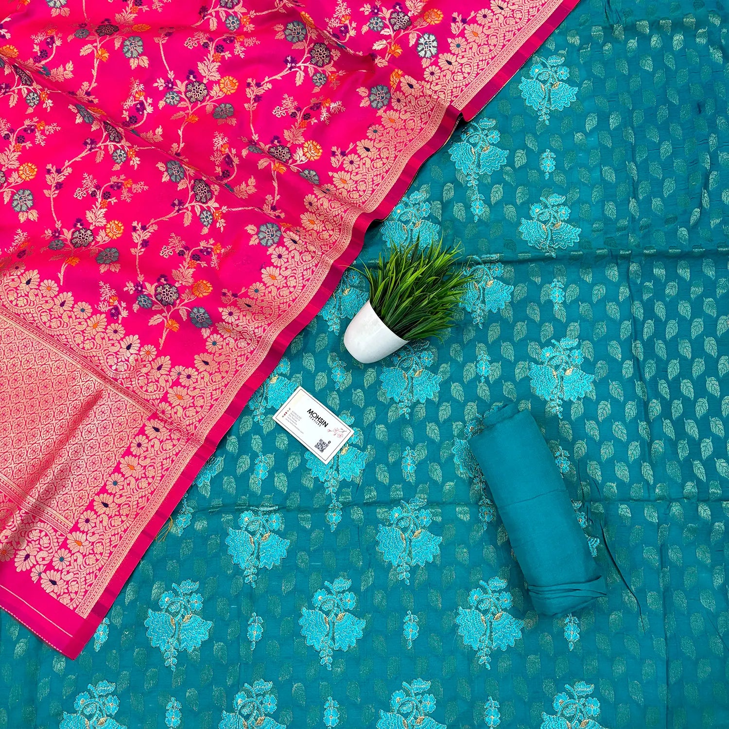 Sea Green and Pink Resham Zari Cotton Silk Banarasi Suit