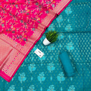 Sea Green and Pink Resham Zari Cotton Silk Banarasi Suit