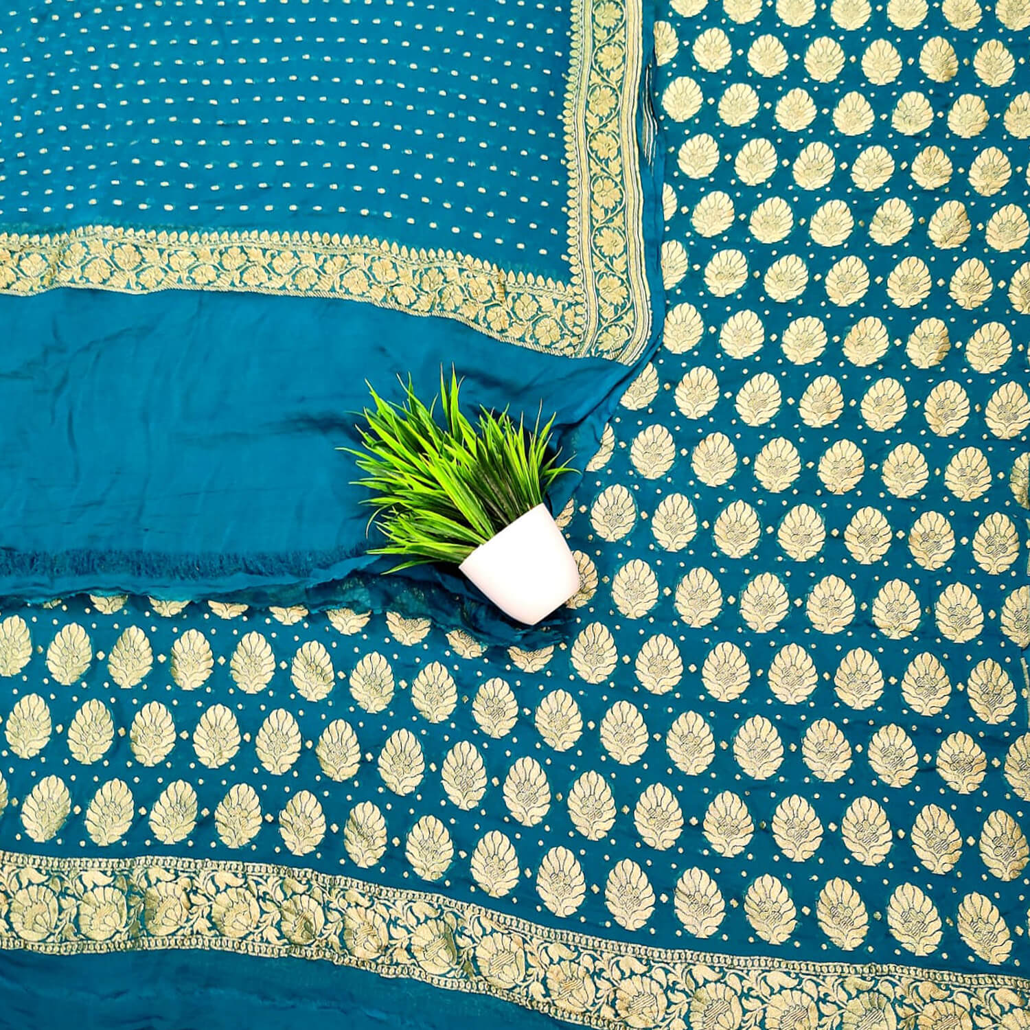 Teal Golden Zari Banarasi Georgette Silk Salwar Suit