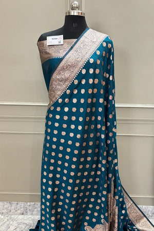 Teal Golden Zari Satin Silk Banarasi Saree