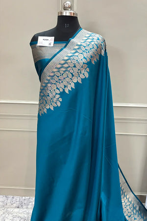 Teal Golden Zari Satin Silk Banarasi Saree