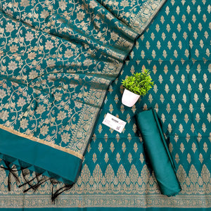 Teal Parvat Buti Satin Silk Banarasi Suit