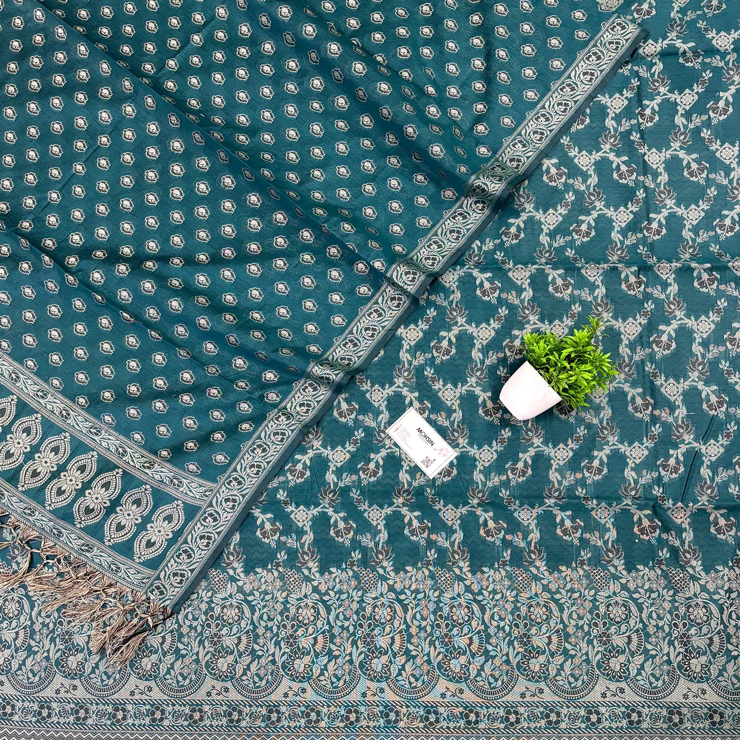 Teal Resham Zari Cotton Silk Banarasi Suit