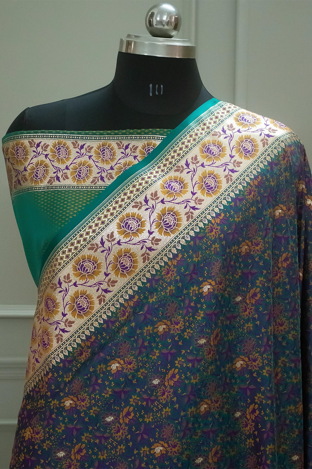 Teal and Peacock Jungli Jaal Katan Silk Banarasi Saree