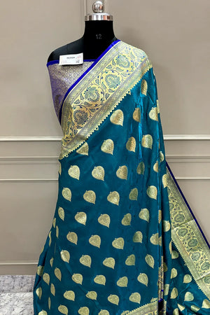 Teal and Royal Blue Golden Zari Katan Silk Banarasi Saree