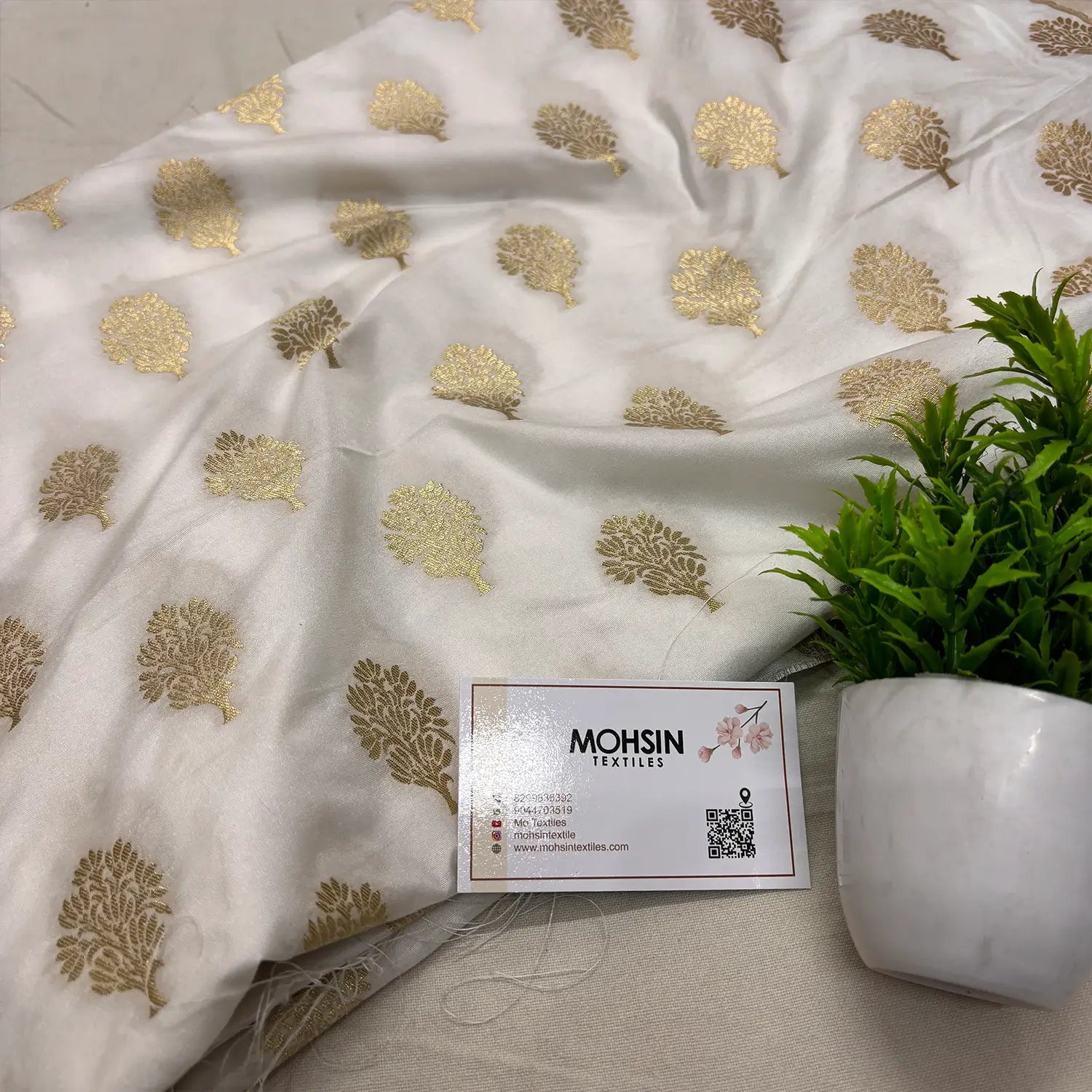 White Dabur Tree Katan Silk Banarasi Fabric