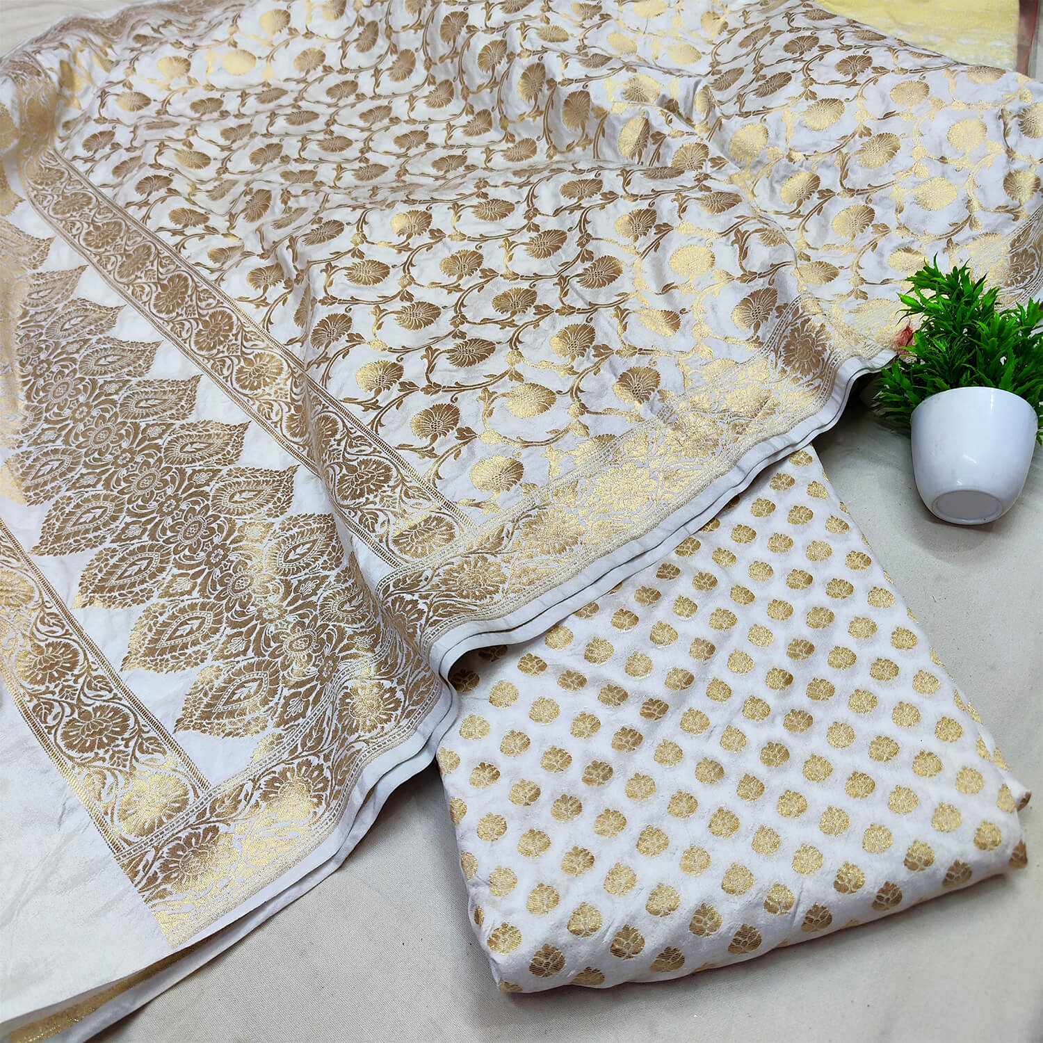 White Dyeable Katan Silk Banarasi Suit